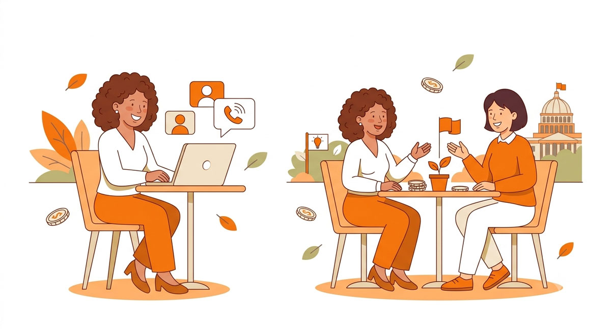 Split-Darstellung: Online-Videocoaching links, persönliches Coaching-Gespräch rechts